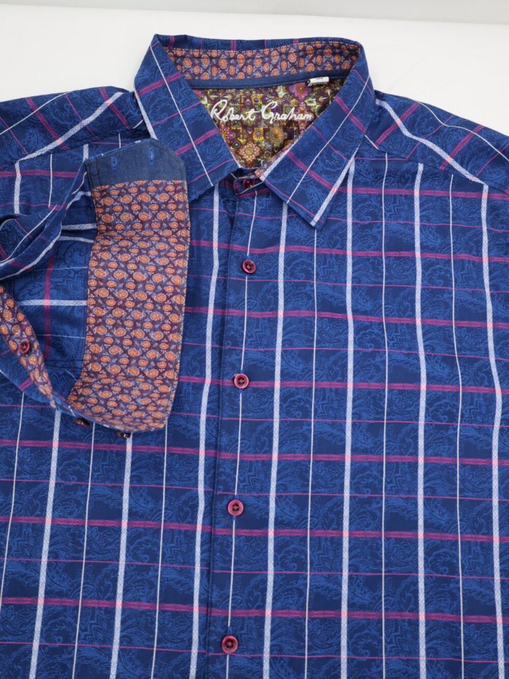 Robert Graham Shirt Men's 2XL Classic Plaid Flip Cuff Long Sleeve embossed AOP